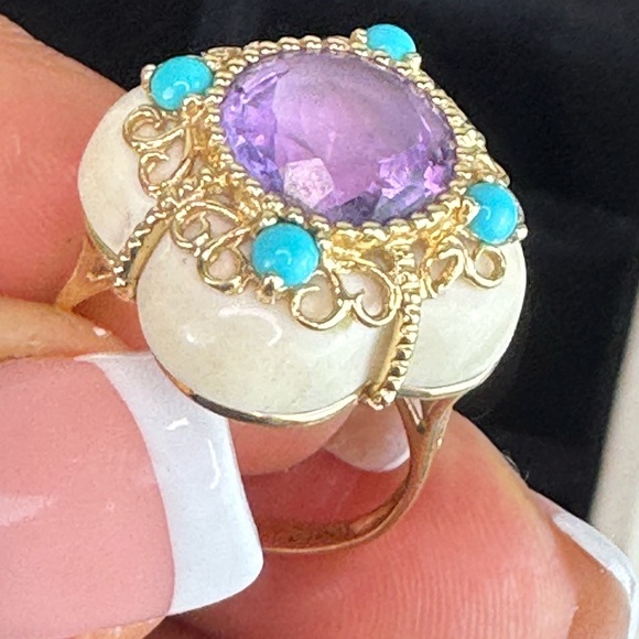 14K Yellow Gold Bezel Amethyst Turquoise and Quatrefoil White Agate Ring S 6.5 - Picture 10 of 16